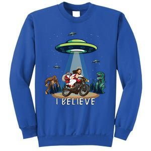 Believe Bigfoot Dinosaur Santa And Jesus Riding Bike Christmas Gift Sweatshirt