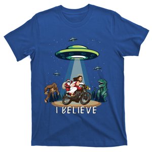 Believe Bigfoot Dinosaur Santa And Jesus Riding Bike Christmas Gift T-Shirt