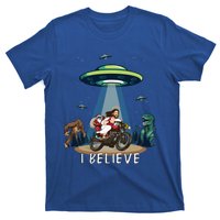 Believe Bigfoot Dinosaur Santa And Jesus Riding Bike Christmas Gift T-Shirt