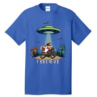 Believe Bigfoot Dinosaur Santa And Jesus Riding Bike Christmas Gift Tall T-Shirt