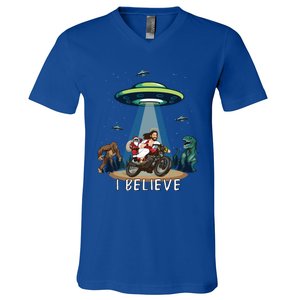 Believe Bigfoot Dinosaur Santa And Jesus Riding Bike Christmas Gift V-Neck T-Shirt