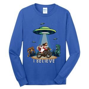 Believe Bigfoot Dinosaur Santa And Jesus Riding Bike Christmas Gift Tall Long Sleeve T-Shirt