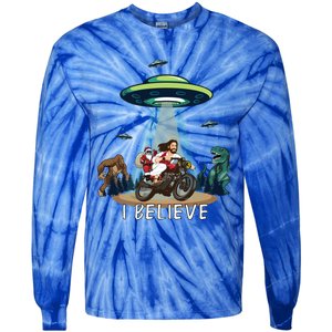 Believe Bigfoot Dinosaur Santa And Jesus Riding Bike Christmas Gift Tie-Dye Long Sleeve Shirt