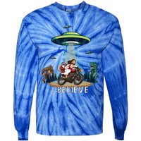 Believe Bigfoot Dinosaur Santa And Jesus Riding Bike Christmas Gift Tie-Dye Long Sleeve Shirt