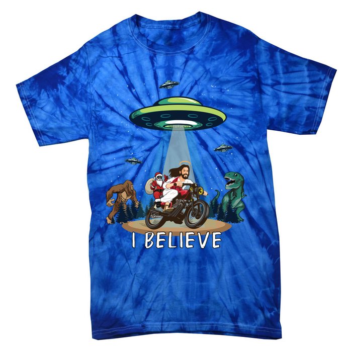 Believe Bigfoot Dinosaur Santa And Jesus Riding Bike Christmas Gift Tie-Dye T-Shirt