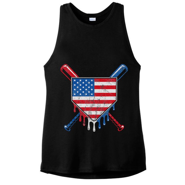 Baseball Bat Drip Ice Cream Patriotic American Flag Drip Ladies PosiCharge Tri-Blend Wicking Tank