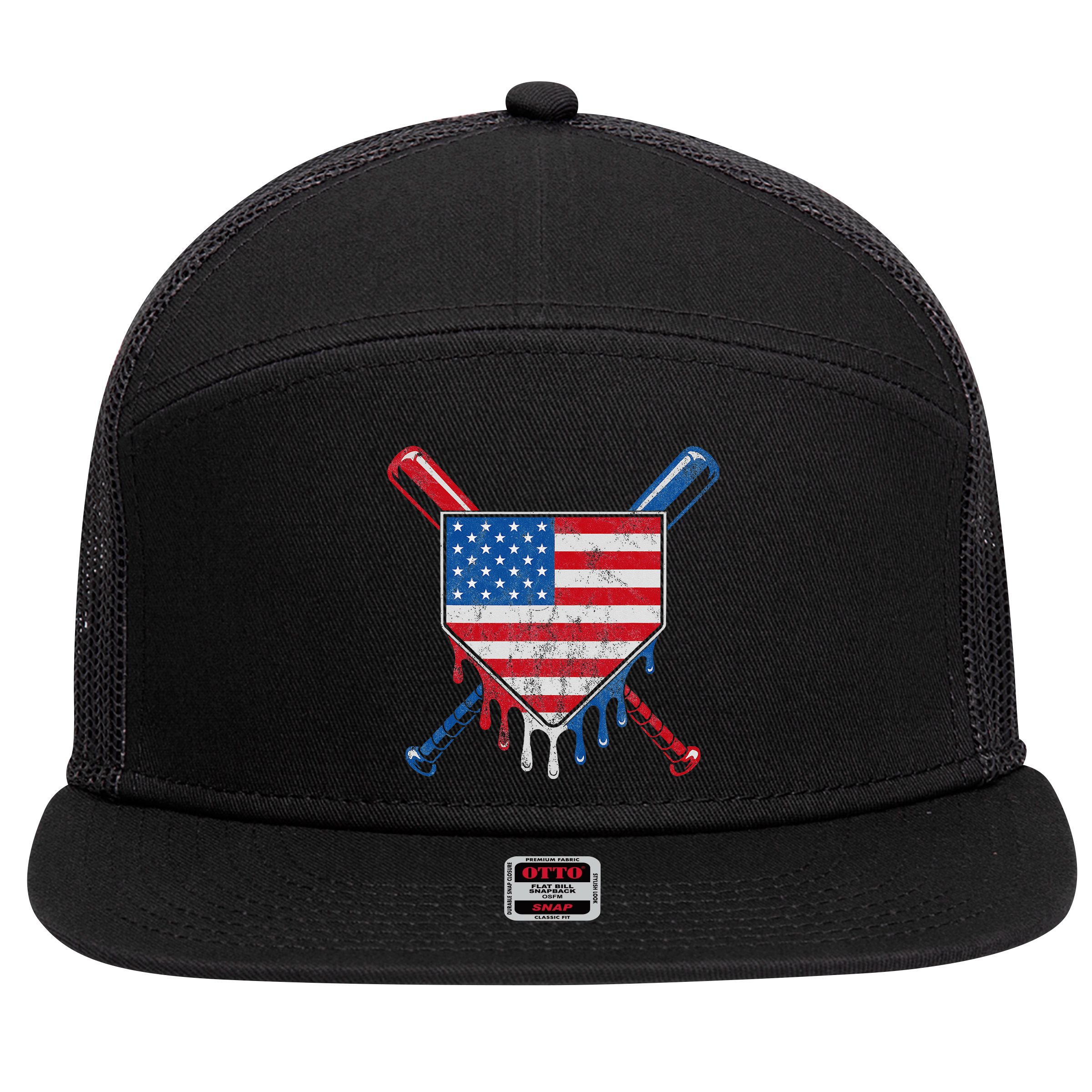 Baseball Bat Drip Ice Cream Patriotic American Flag Drip 7 Panel Mesh Trucker Snapback Hat