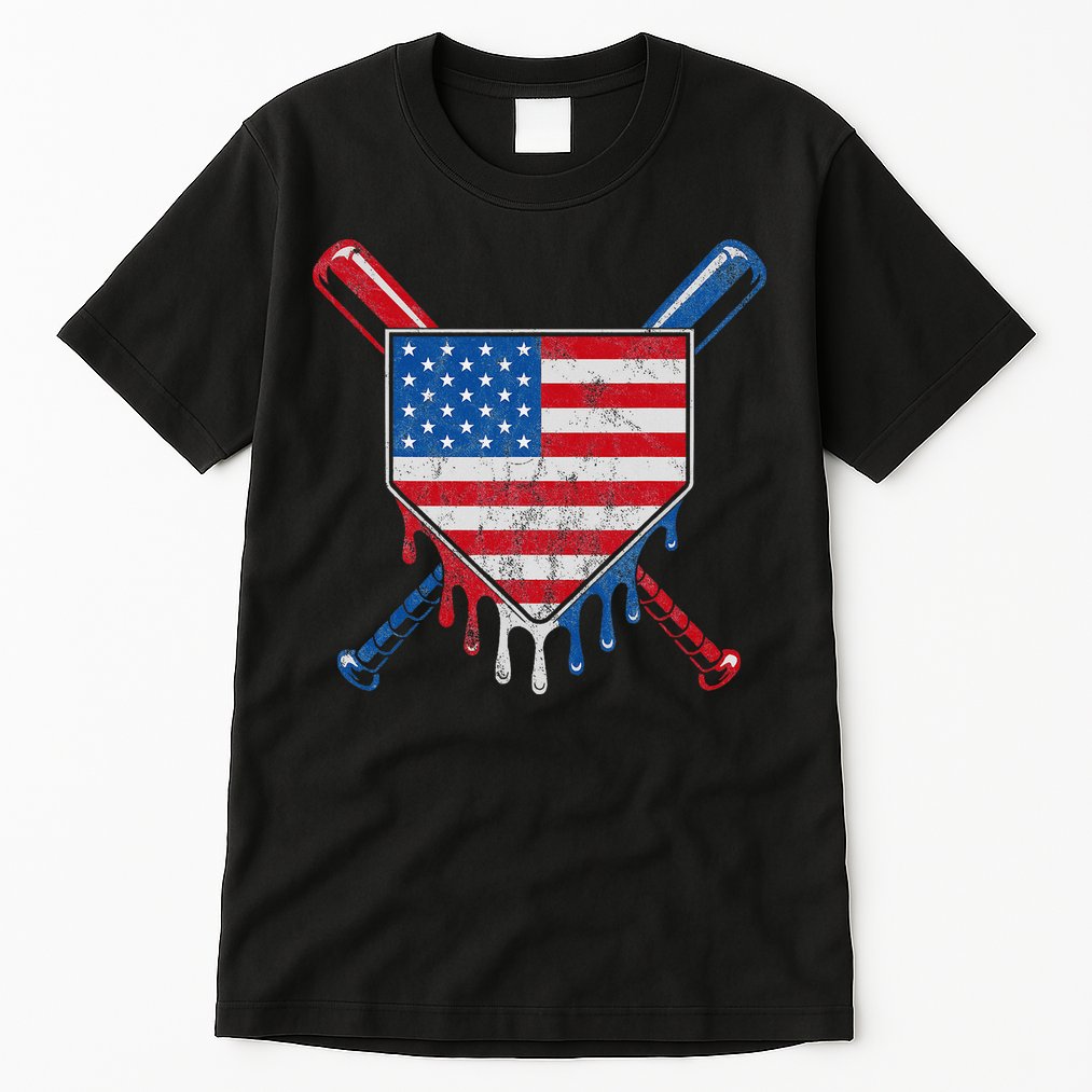 Baseball Bat Drip Ice Cream Patriotic American Flag Drip Tall T-Shirt