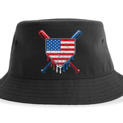 Baseball Bat Drip Ice Cream Patriotic American Flag Drip Sustainable Bucket Hat