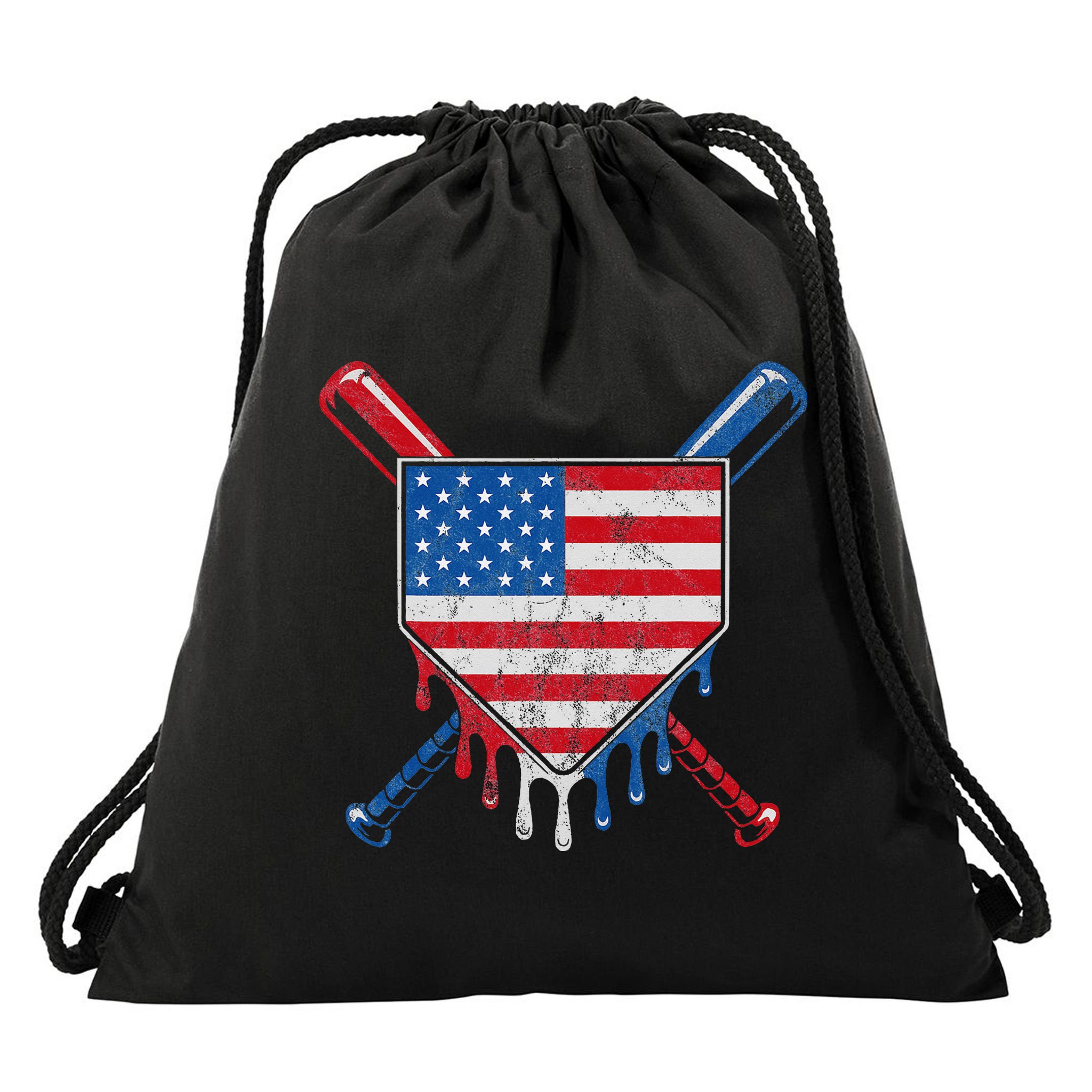 Baseball Bat Drip Ice Cream Patriotic American Flag Drip Drawstring Bag