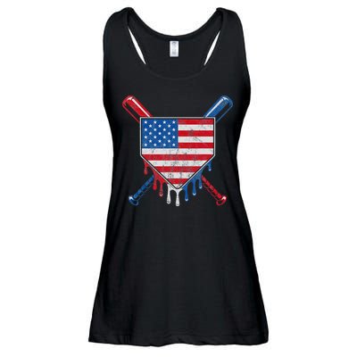 Baseball Bat Drip Ice Cream Patriotic American Flag Drip Ladies Essential Flowy Tank