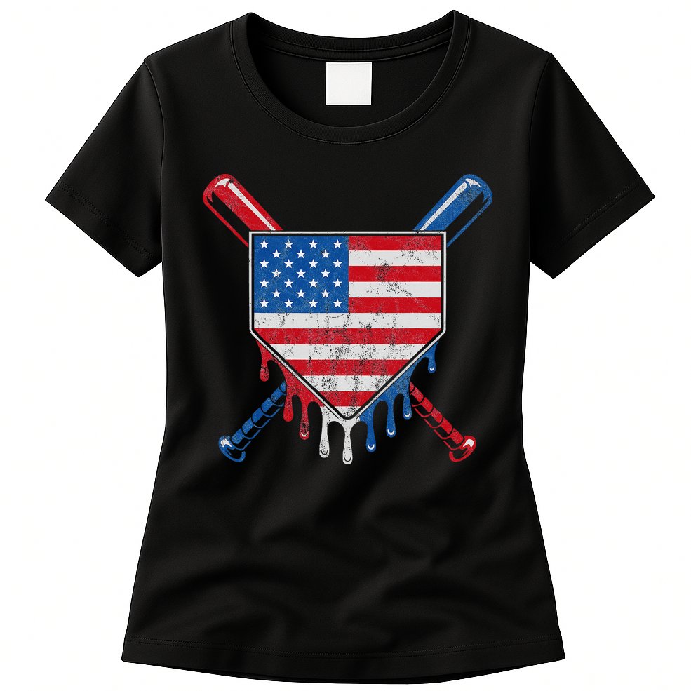 Baseball Bat Drip Ice Cream Patriotic American Flag Drip Womens T-Shirt