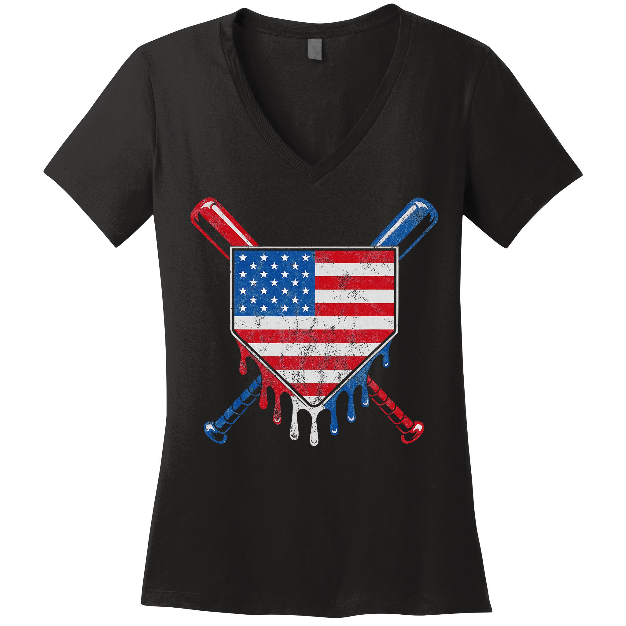 Baseball Bat Drip Ice Cream Patriotic American Flag Drip Women's V-Neck T-Shirt