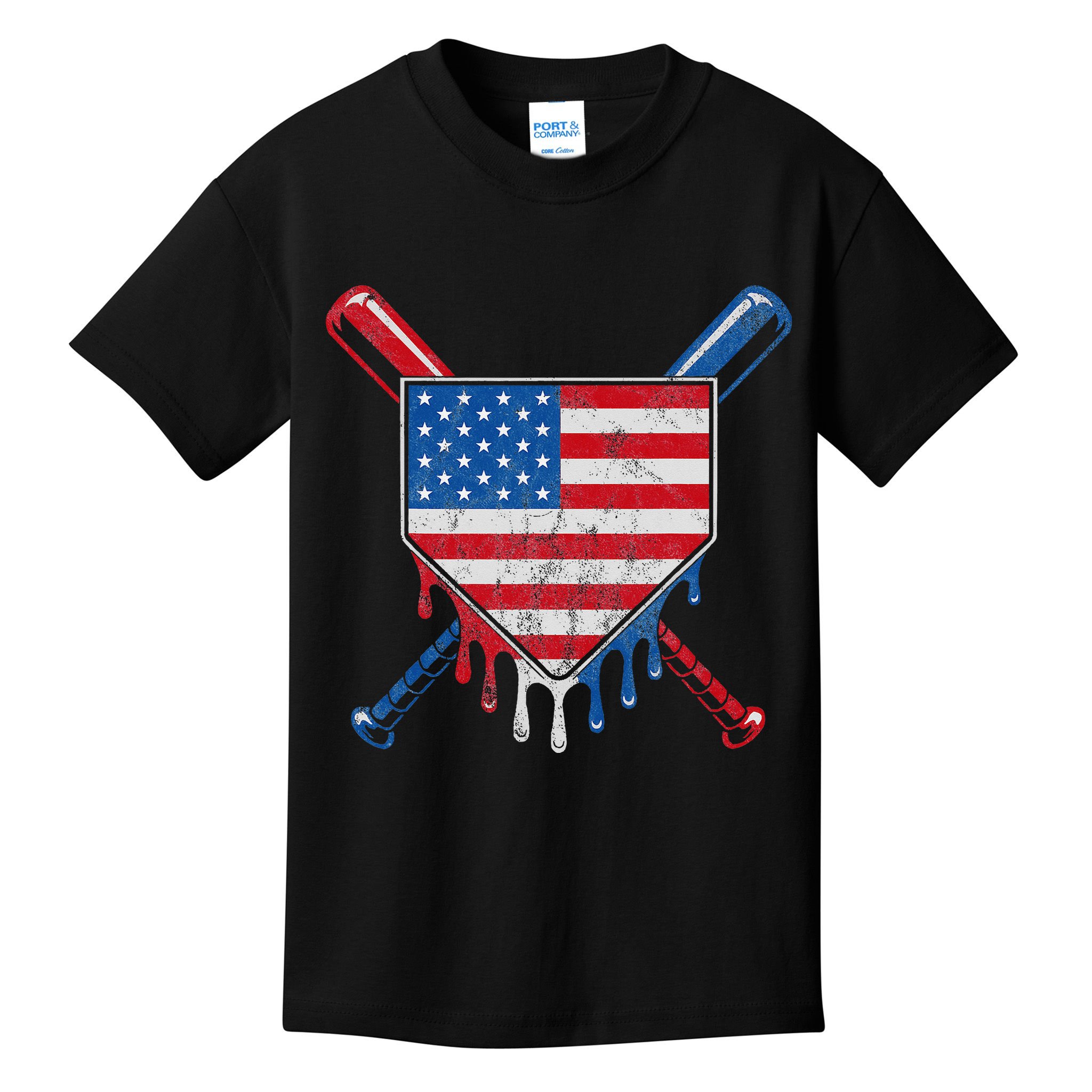Baseball Bat Drip Ice Cream Patriotic American Flag Drip Kids T-Shirt