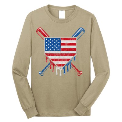 Baseball Bat Drip Ice Cream Patriotic American Flag Drip Long Sleeve Shirt