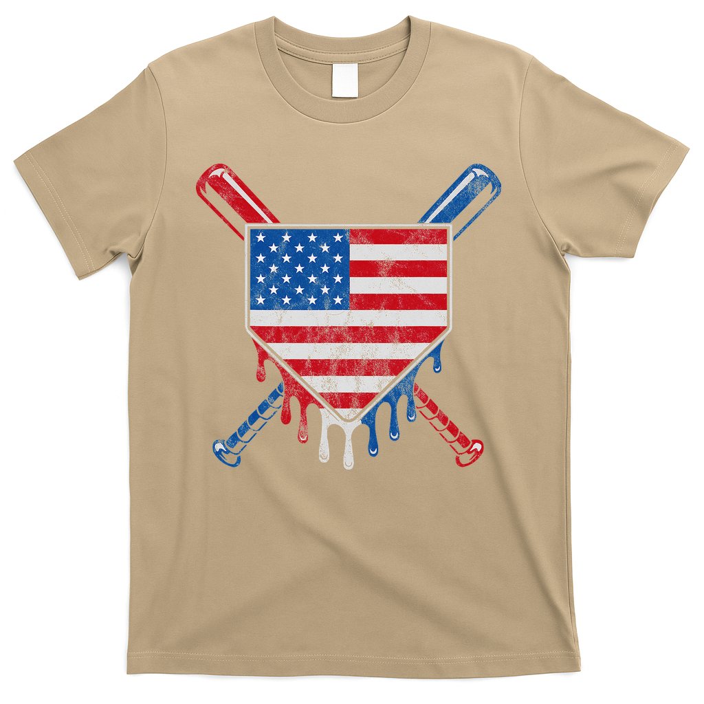 Baseball Bat Drip Ice Cream Patriotic American Flag Drip T-Shirt
