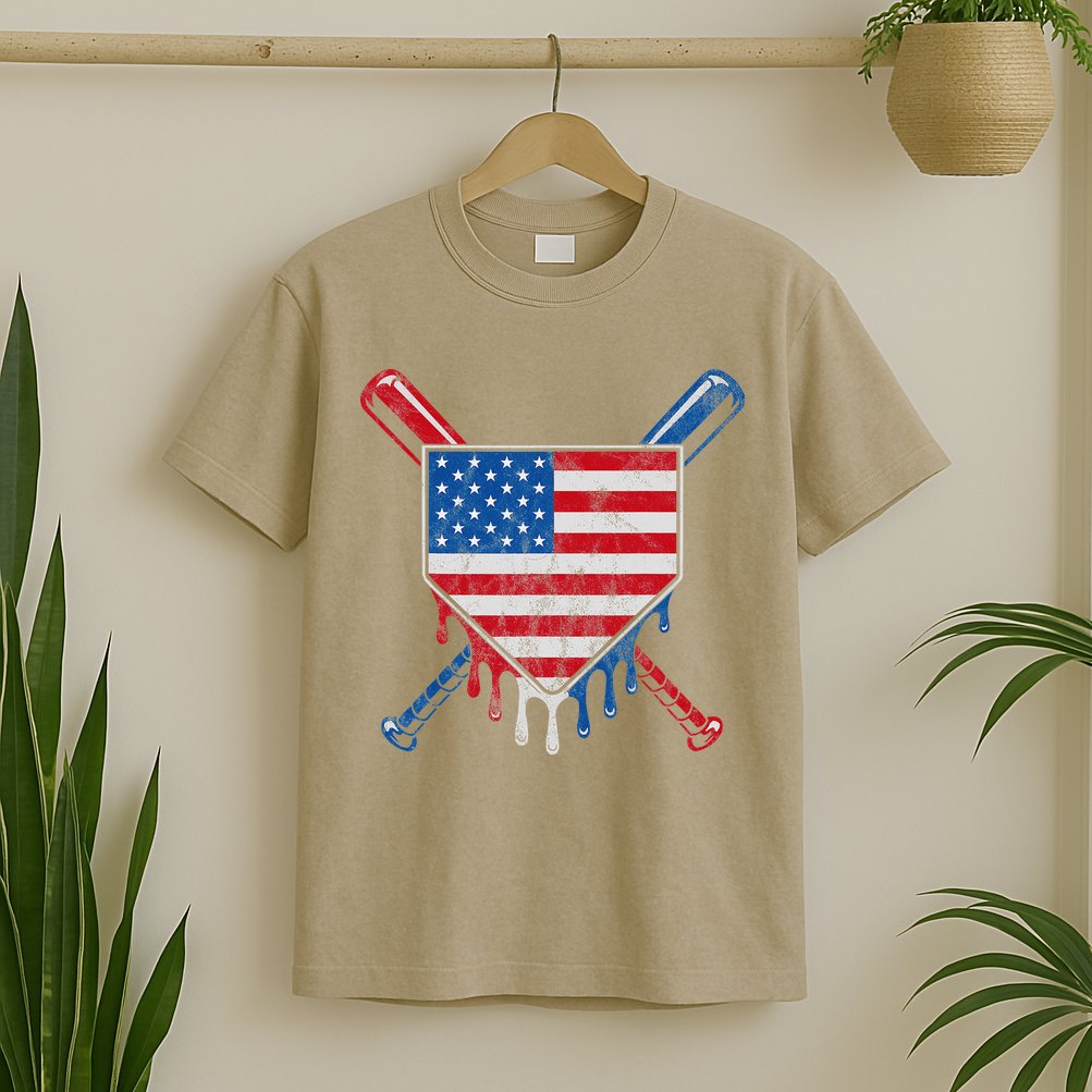 Baseball Bat Drip Ice Cream Patriotic American Flag Drip T-Shirt