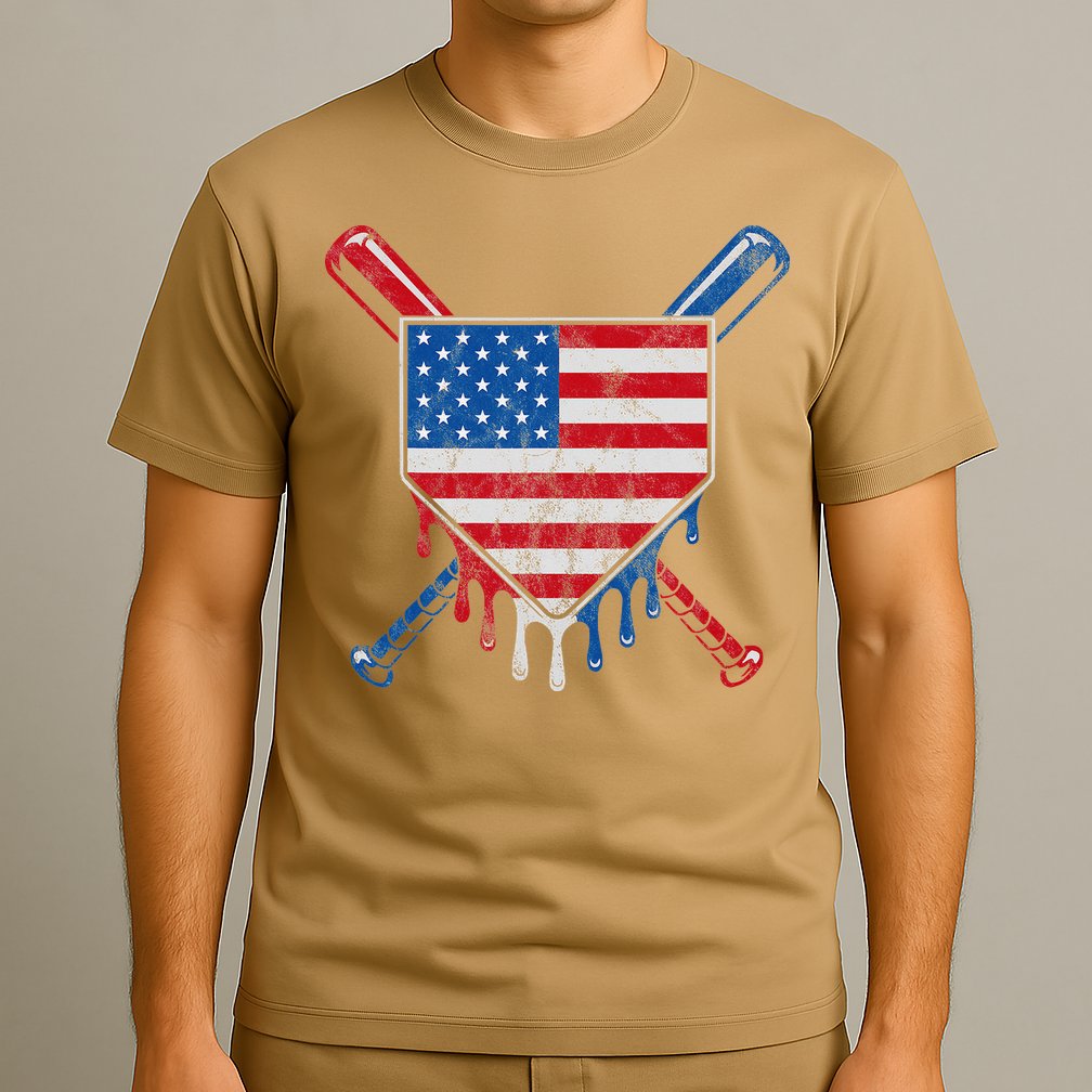 Baseball Bat Drip Ice Cream Patriotic American Flag Drip T-Shirt