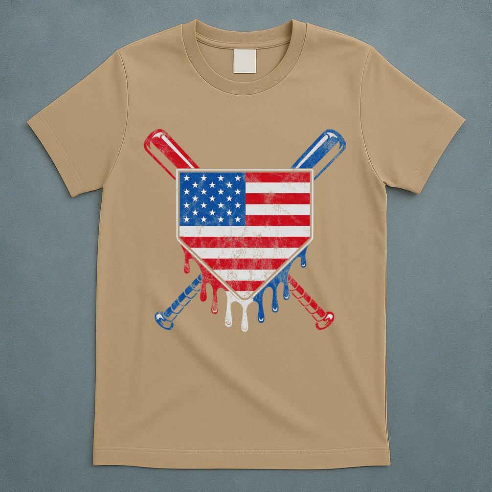 Baseball Bat Drip Ice Cream Patriotic American Flag Drip T-Shirt