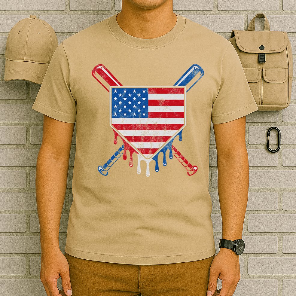Baseball Bat Drip Ice Cream Patriotic American Flag Drip T-Shirt