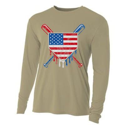 Baseball Bat Drip Ice Cream Patriotic American Flag Drip Cooling Performance Long Sleeve Crew