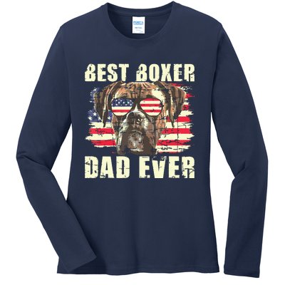 Best Boxer Dad Ever USA Flag American Dog Animal Lover Ladies Long Sleeve Shirt