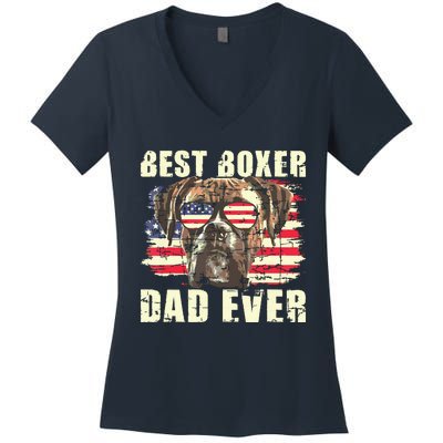 Best Boxer Dad Ever USA Flag American Dog Animal Lover Women's V-Neck T-Shirt