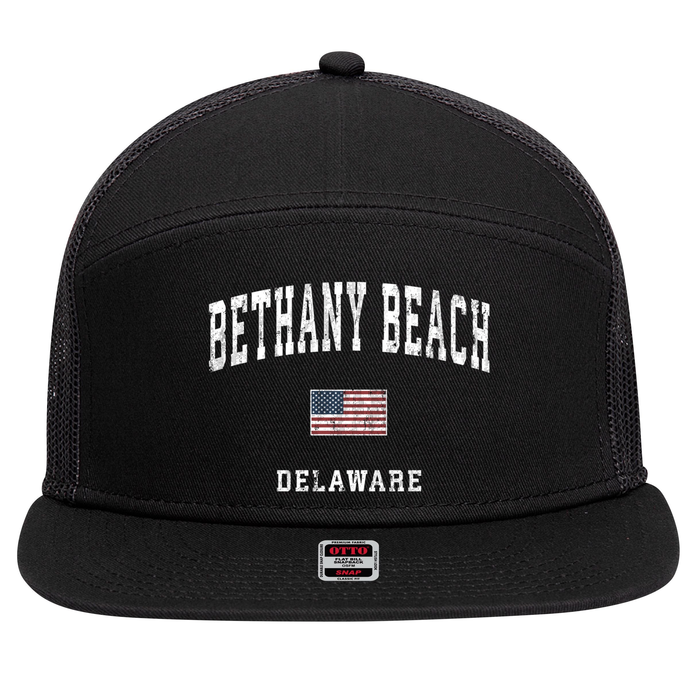Bethany Beach Delaware De Vintage American Flag Sports Funny Gift 7 Panel Mesh Trucker Snapback Hat