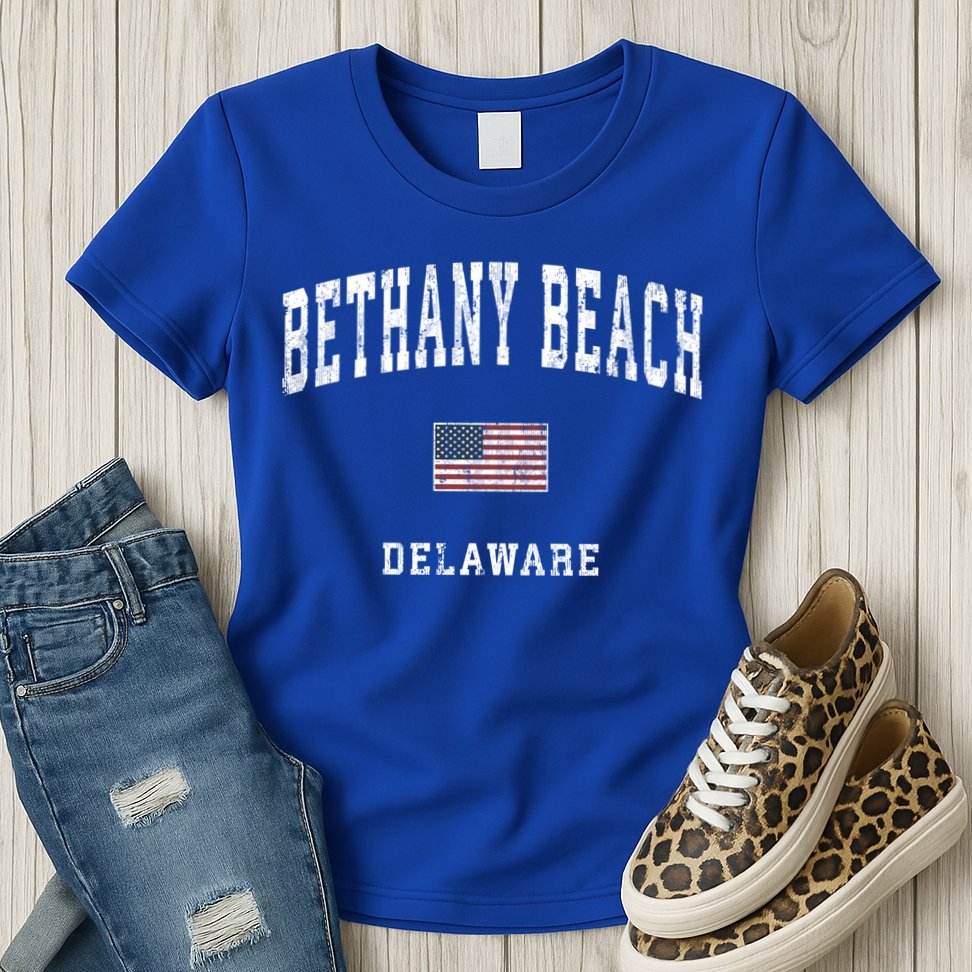 Bethany Beach Delaware De Vintage American Flag Sports Funny Gift Womens T-Shirt