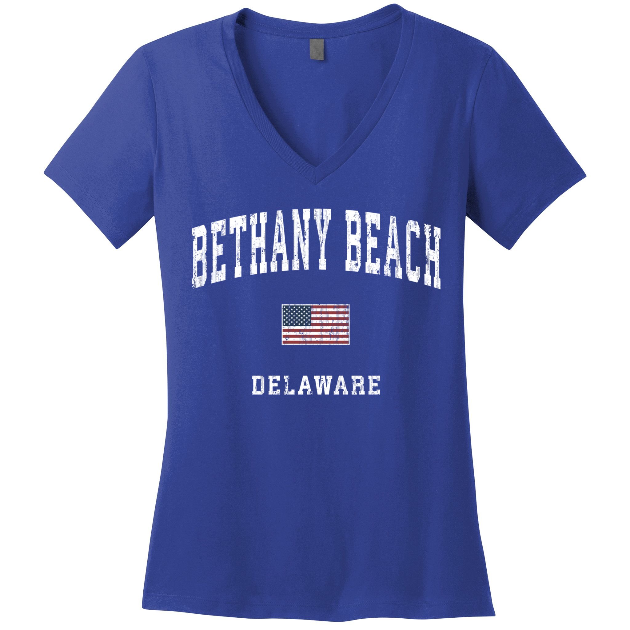 Bethany Beach Delaware De Vintage American Flag Sports Funny Gift Women's V-Neck T-Shirt