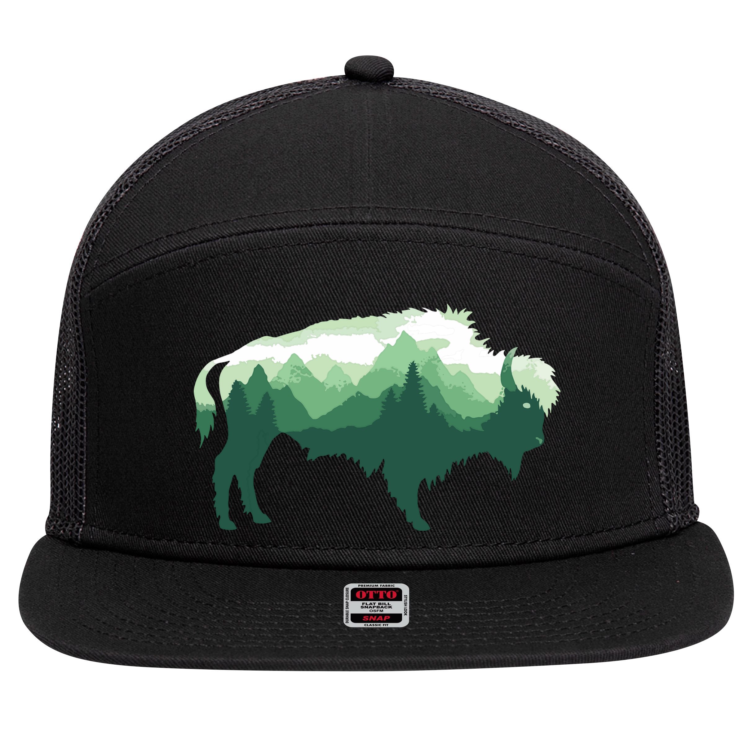 Bison Buffalo Double Exposure Surreal Wildlife Native Animal 7 Panel Mesh Trucker Snapback Hat