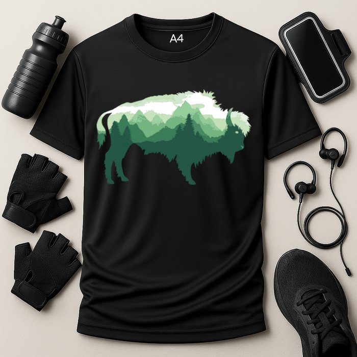 Bison Buffalo Double Exposure Surreal Wildlife Native Animal Cooling Performance Crew T-Shirt