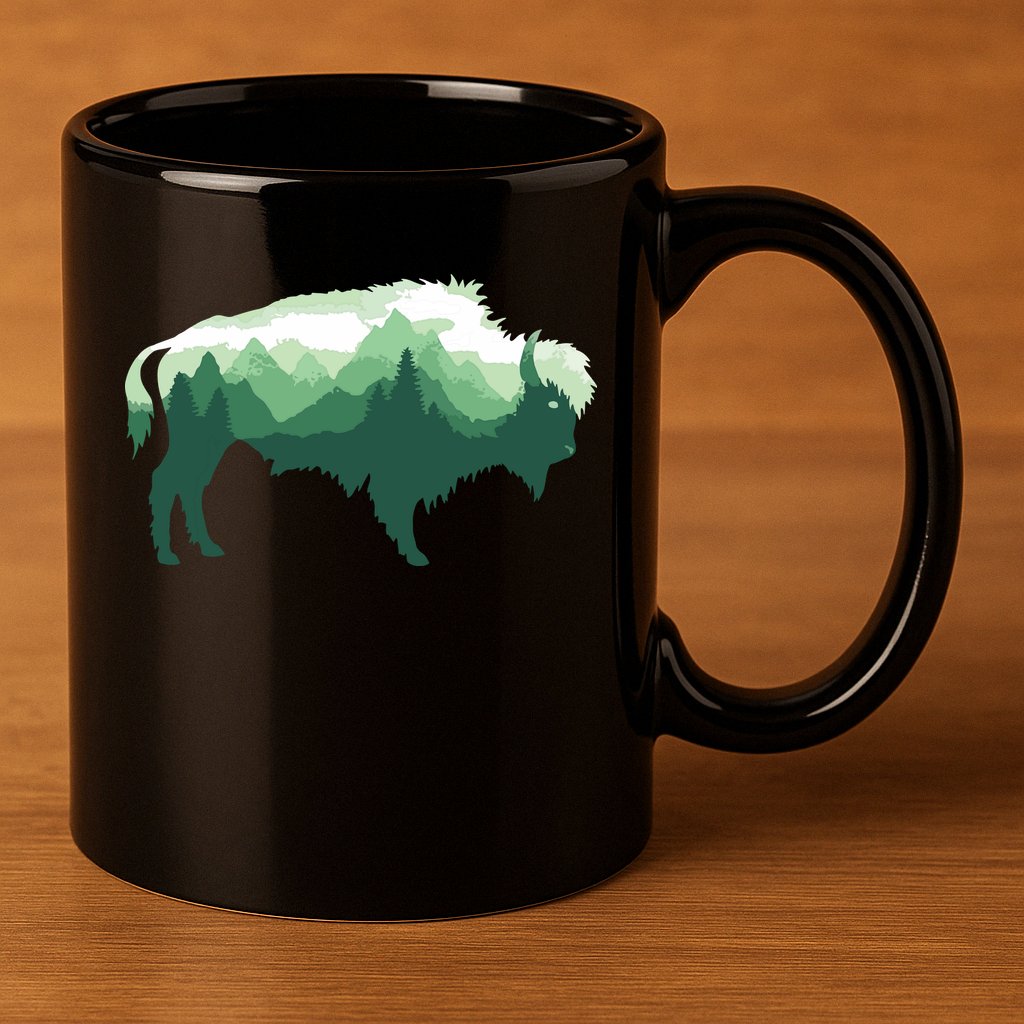 Bison Buffalo Double Exposure Surreal Wildlife Native Animal 11oz C Handle Ceramic Mug