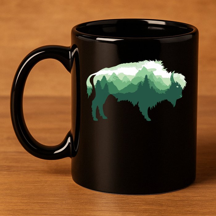 Bison Buffalo Double Exposure Surreal Wildlife Native Animal 11oz C Handle Ceramic Mug