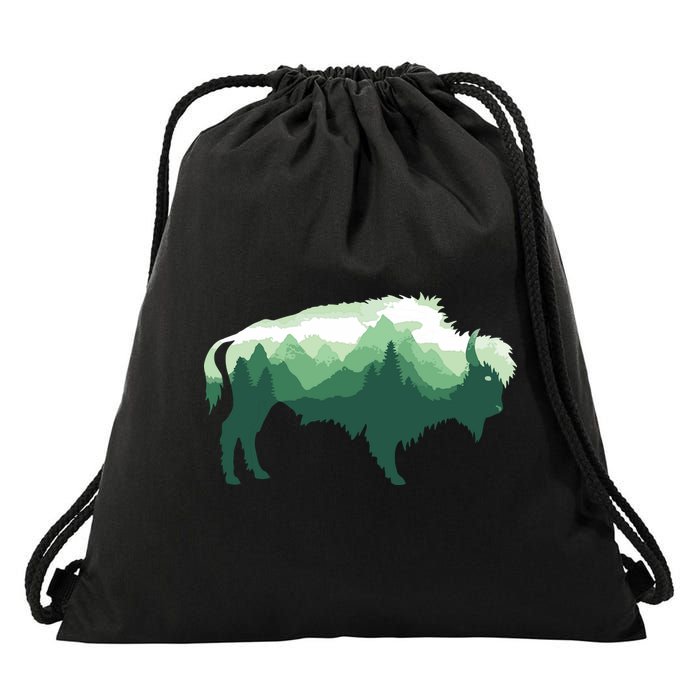 Bison Buffalo Double Exposure Surreal Wildlife Native Animal Drawstring Bag
