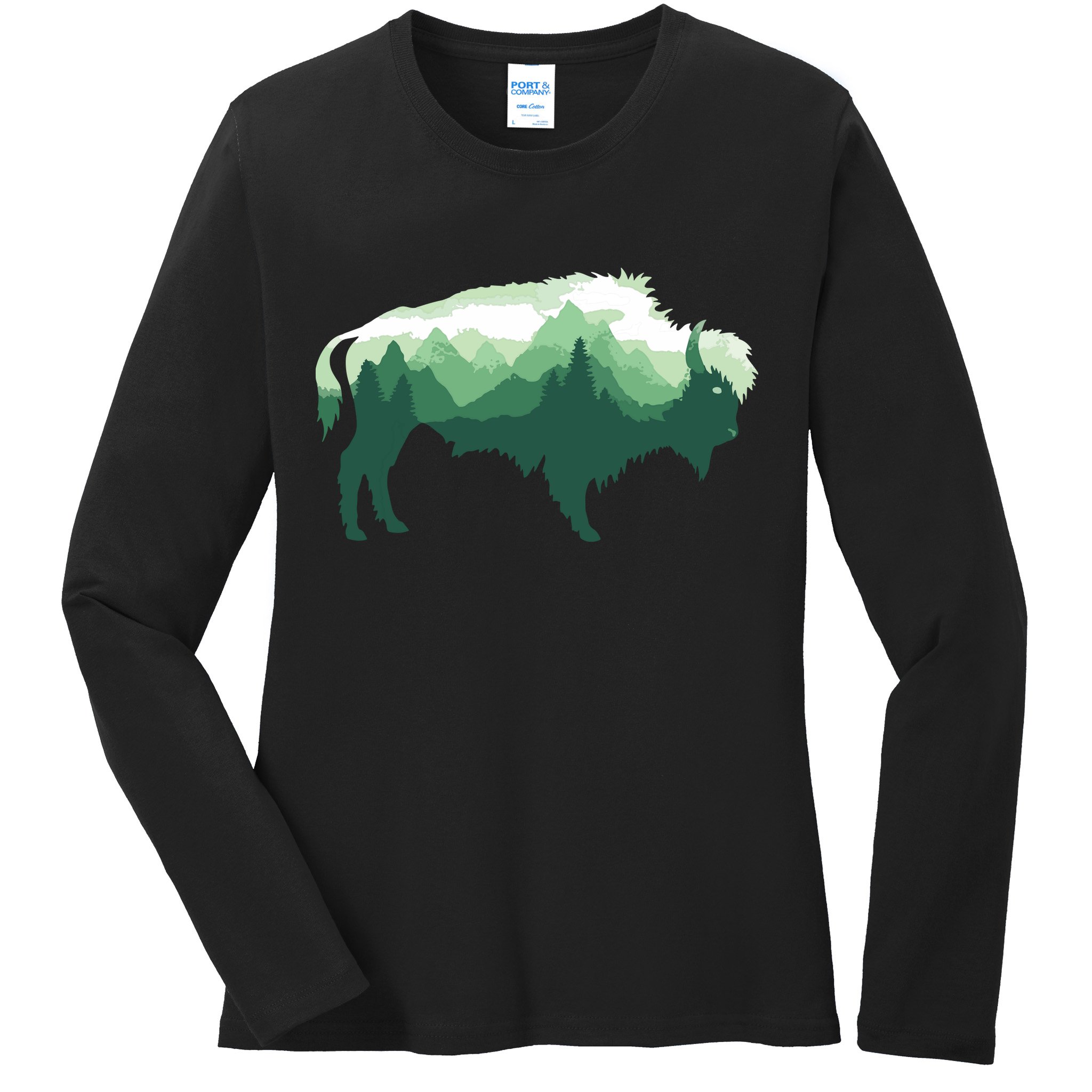 Bison Buffalo Double Exposure Surreal Wildlife Native Animal Ladies Long Sleeve Shirt