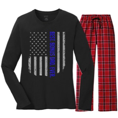 Best Bonus Dad Ever American Flag Gift For Fathers Day Women's Long Sleeve Flannel Pajama Set 