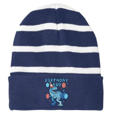 Birthday Boy Dinosaur Celebration Striped Beanie with Solid Band