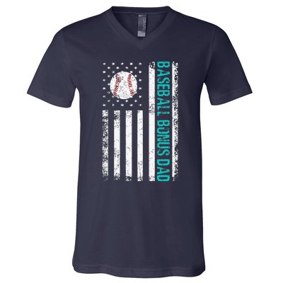 Baseball Bonus Dad Us Flag Best Baseball Dad Fathers Day V-Neck T-Shirt