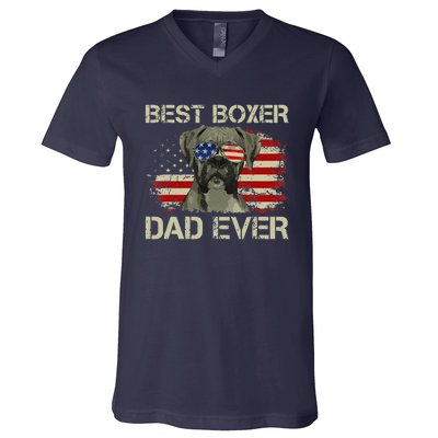 Best Boxer Dad Ever Dog Lover American Flag Gift V-Neck T-Shirt