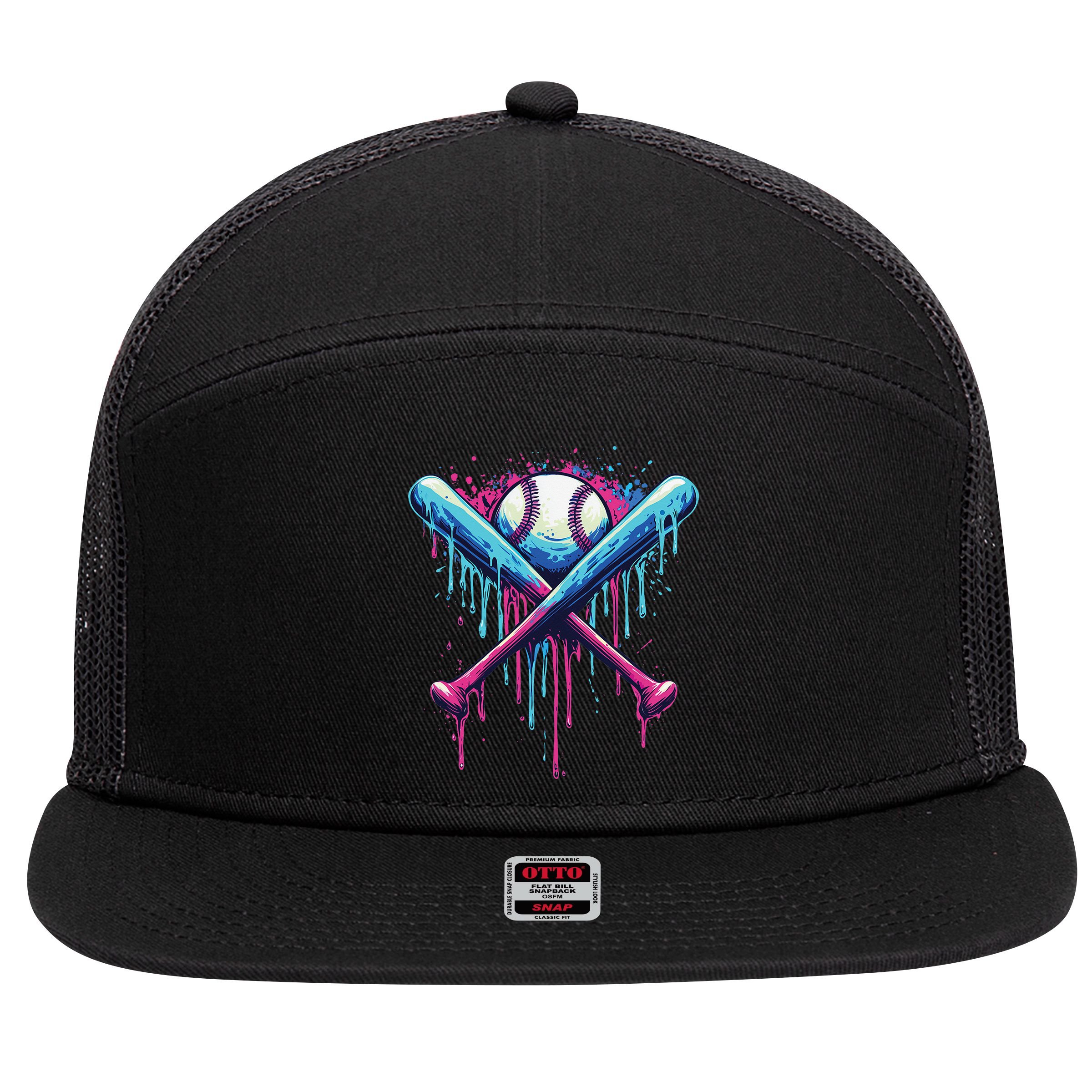Baseball Bat Drip Funny Graphic 7 Panel Mesh Trucker Snapback Hat
