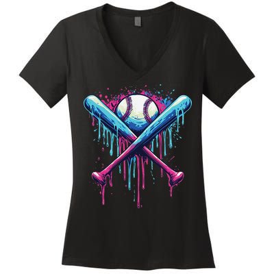 Baseball Bat Drip Funny Graphic Women's V-Neck T-Shirt