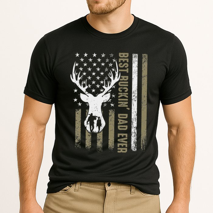 Best Buckin Dad Ever Deer Hunting Fathers Day American Flag Cooling Performance Crew T-Shirt