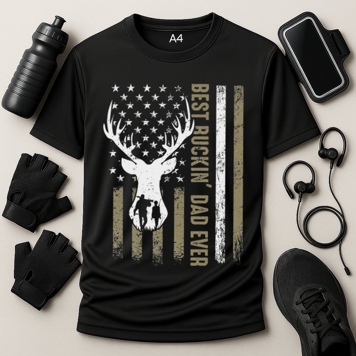 Best Buckin Dad Ever Deer Hunting Fathers Day American Flag Cooling Performance Crew T-Shirt