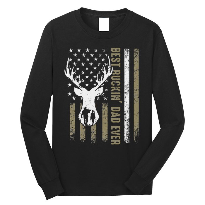 Best Buckin Dad Ever Deer Hunting Fathers Day American Flag Long Sleeve Shirt