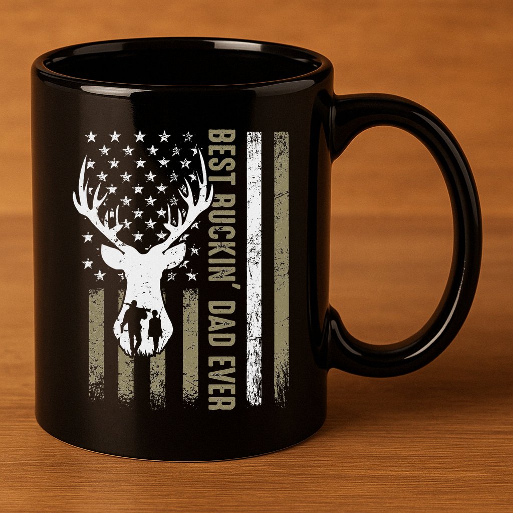 Best Buckin Dad Ever Deer Hunting Fathers Day American Flag 11oz C Handle Ceramic Mug