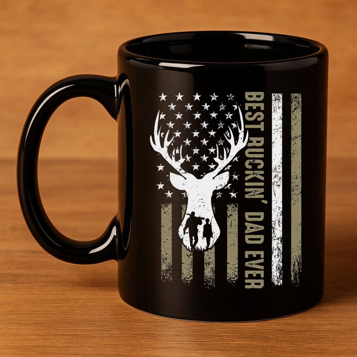 Best Buckin Dad Ever Deer Hunting Fathers Day American Flag 11oz C Handle Ceramic Mug
