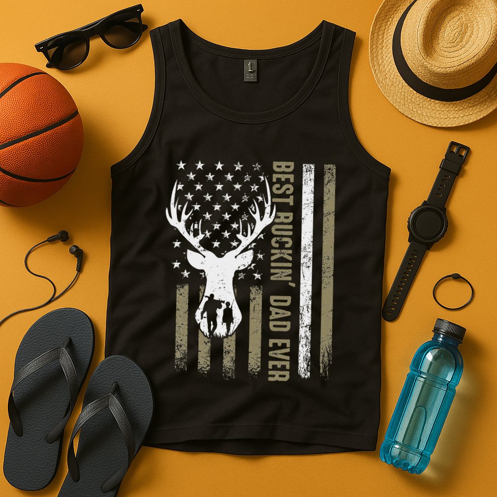 Best Buckin Dad Ever Deer Hunting Fathers Day American Flag Tank Top