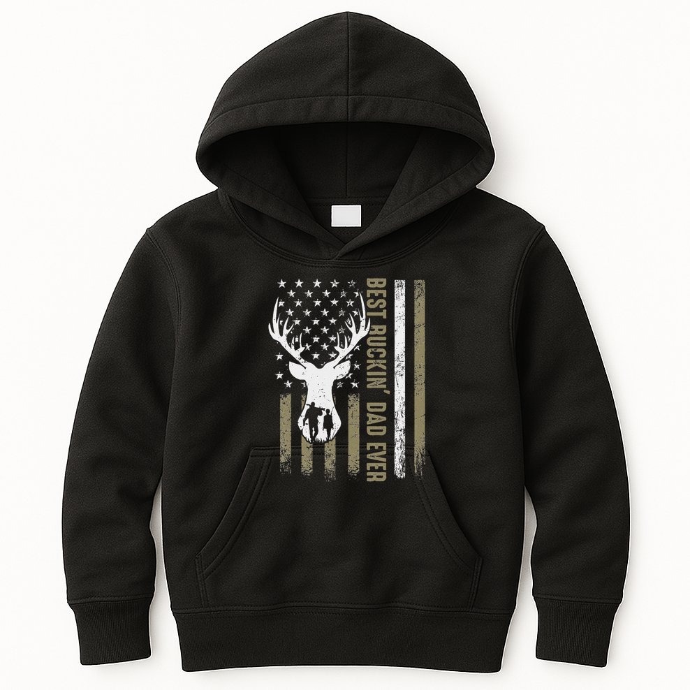 Best Buckin Dad Ever Deer Hunting Fathers Day American Flag Kids Hoodie