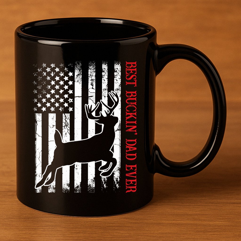 Best Buckin Dad Ever American Flag Deer Hunting 11oz C Handle Ceramic Mug